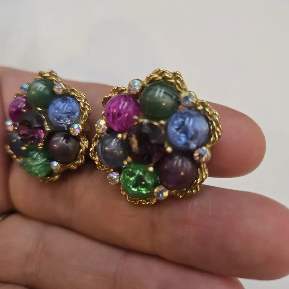 Vintage Kramer Fruit Salad Clip Earrings Lucite Cluster Beaded Gold Tone